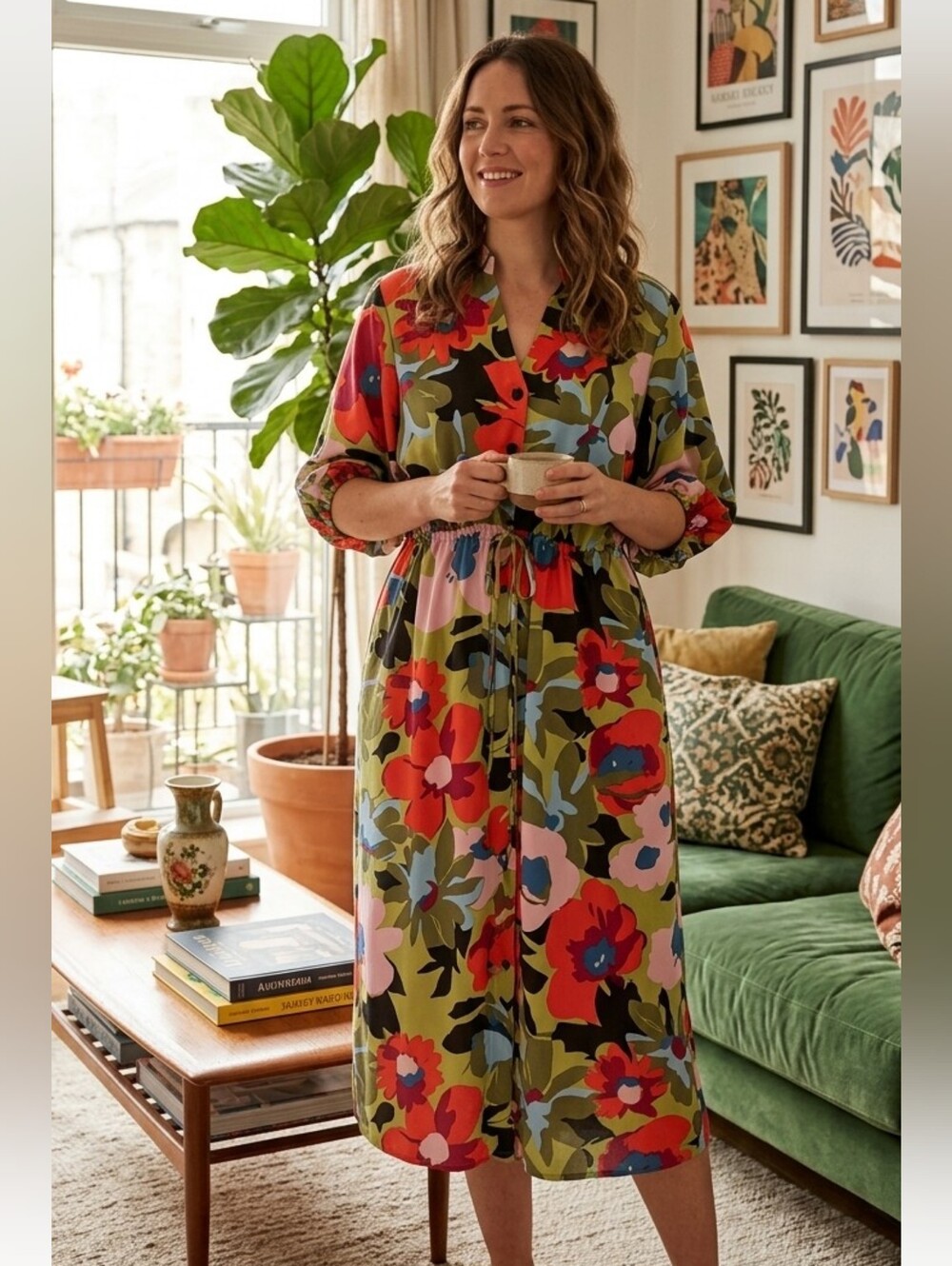 Olive Floral Midi Dress with Elastic Waist